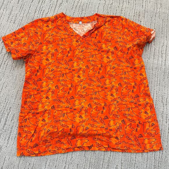READ Halloween Pumpkin Ghost Bat Scrubs Lot of 2 Unisex Scrub Tops L/XL Orange - Picture 3 of 13